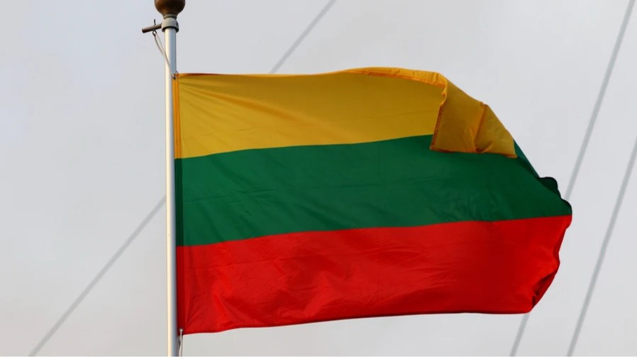Дейвідас Матульоніс під час брифінгу для ЗМІ на тлі прапорів Литви та НАТО